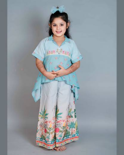 Girls Embroidered Assymetrical Kurta With Palazzo