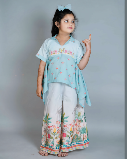 Girls Embroidered Assymetrical Kurta With Palazzo