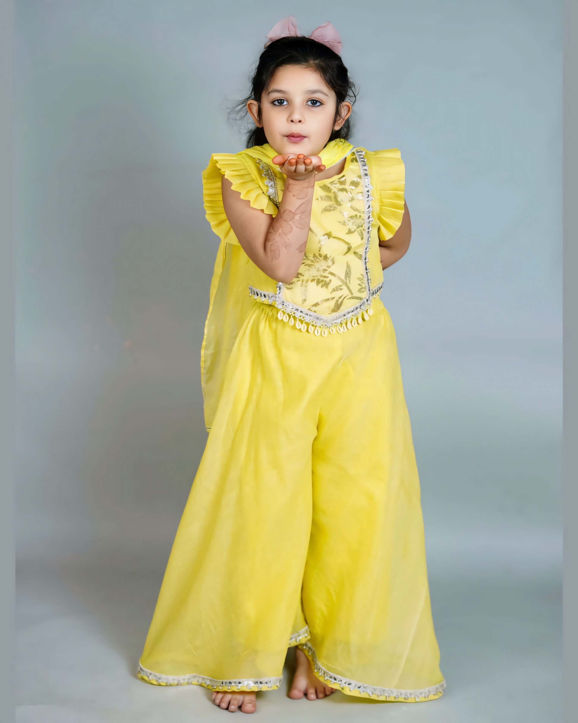 Girls Embroidered Neon Yellow Top With Palazzo And Dupatta