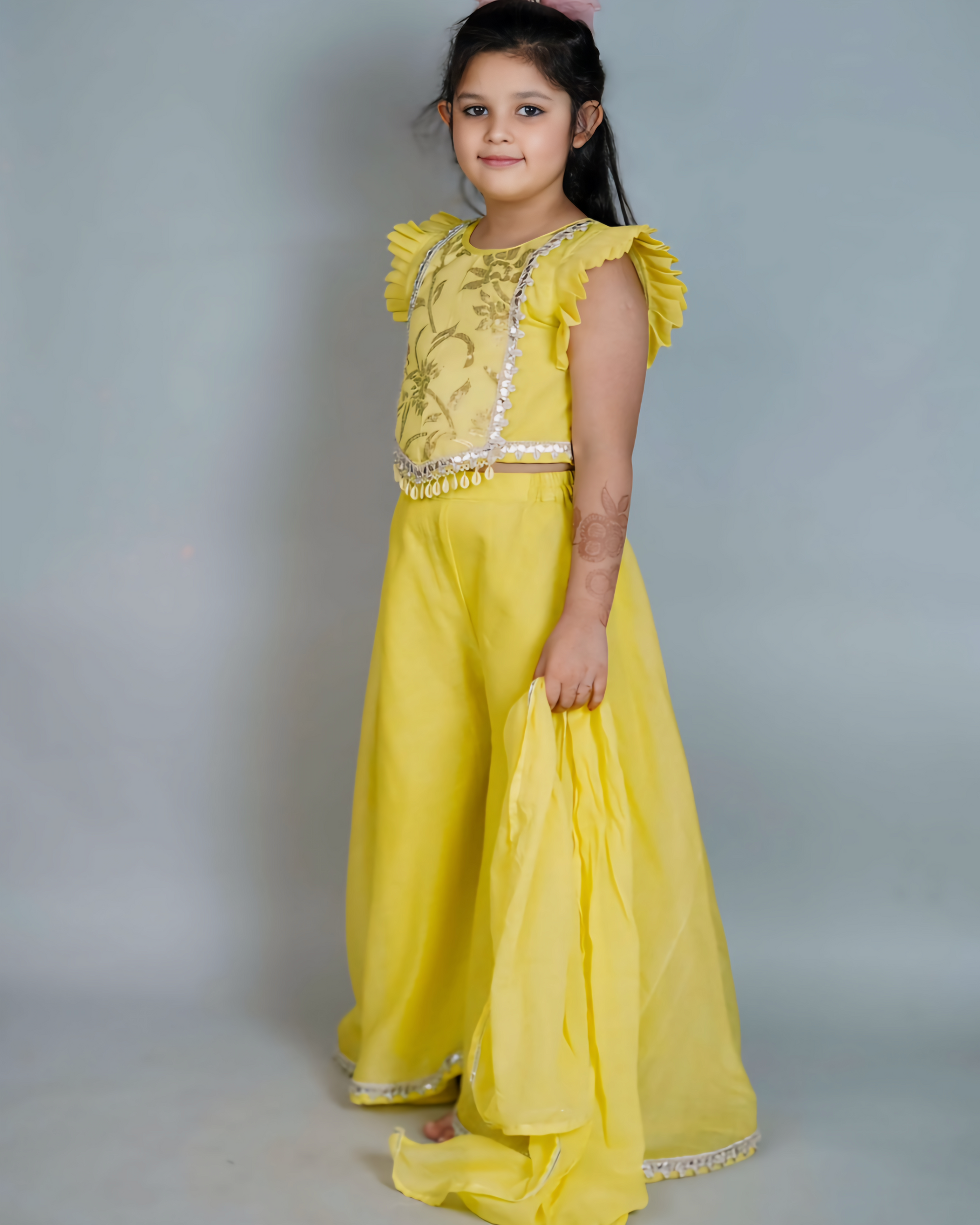 Girls Embroidered Neon Yellow Top With Palazzo And Dupatta