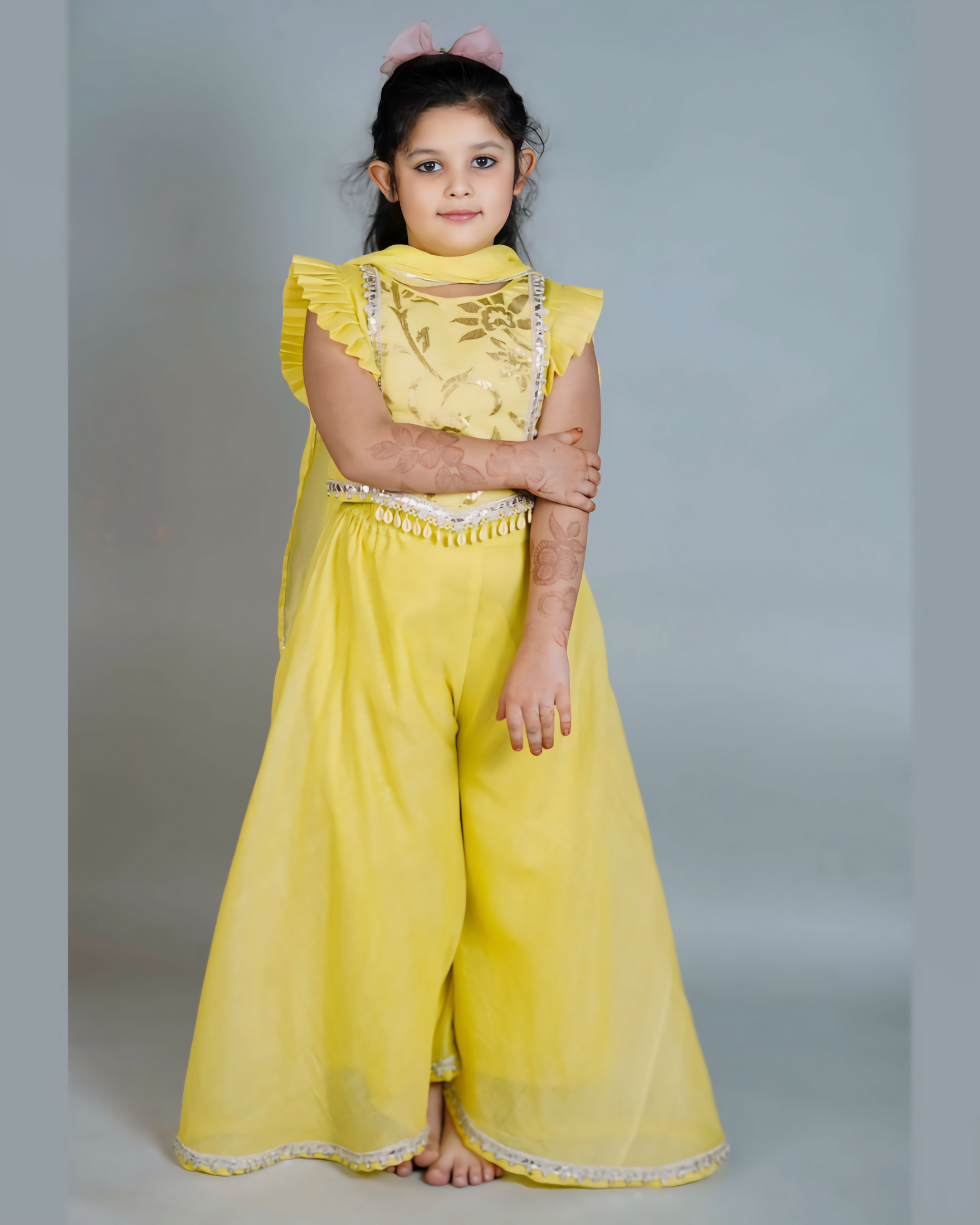 Girls Embroidered Neon Yellow Top With Palazzo And Dupatta