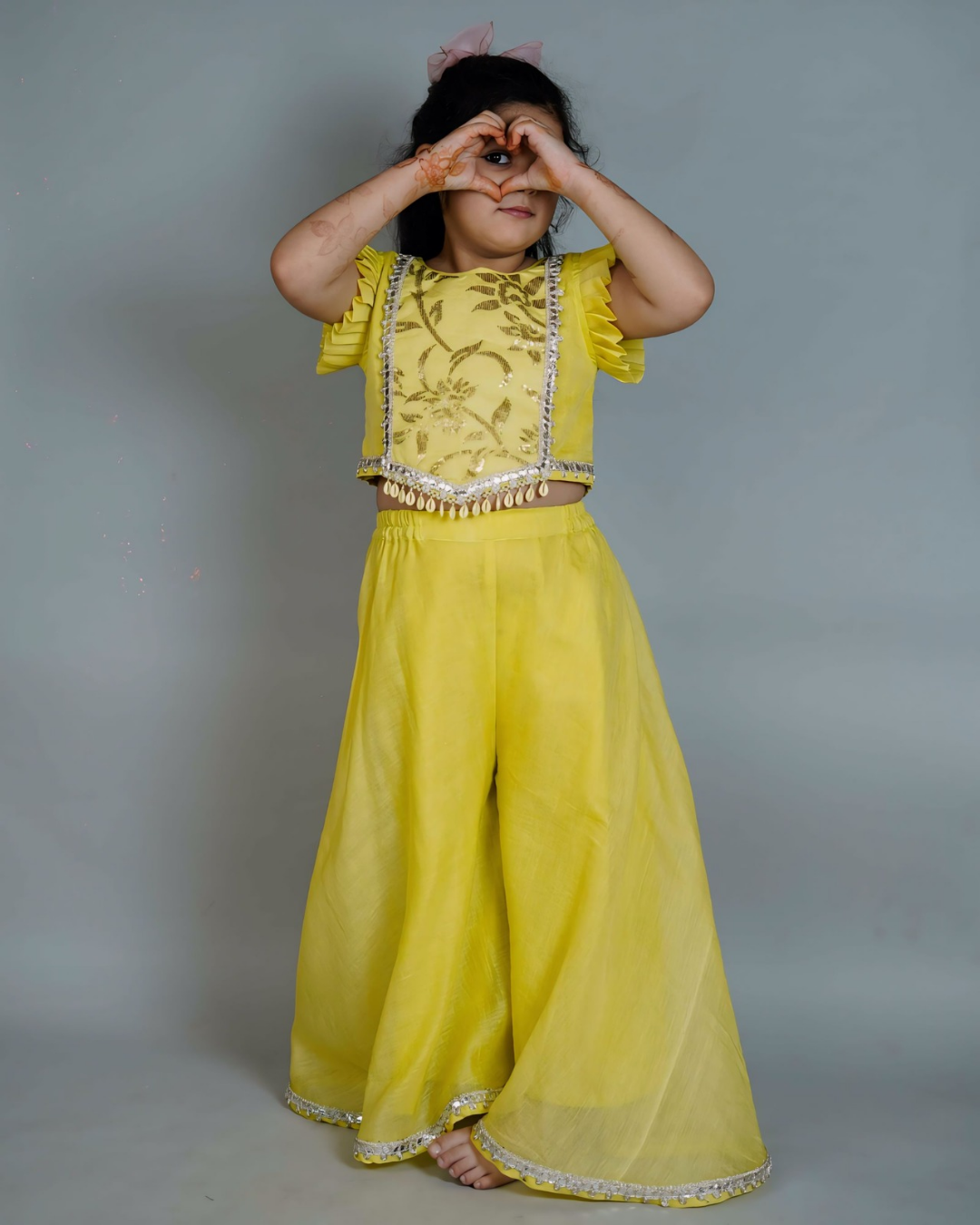 Girls Embroidered Neon Yellow Top With Palazzo And Dupatta