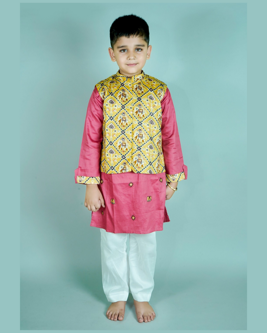 Boys Embroidered kurta With Patola Silk Jacket And Pyjama