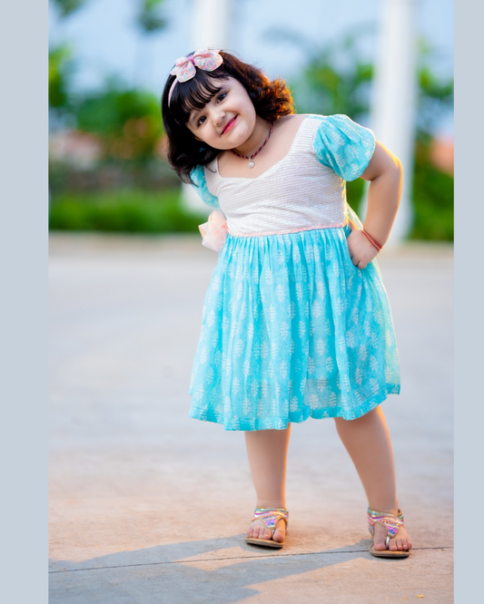 Girls Floral Muslin Sky Blue Party Wear Dress