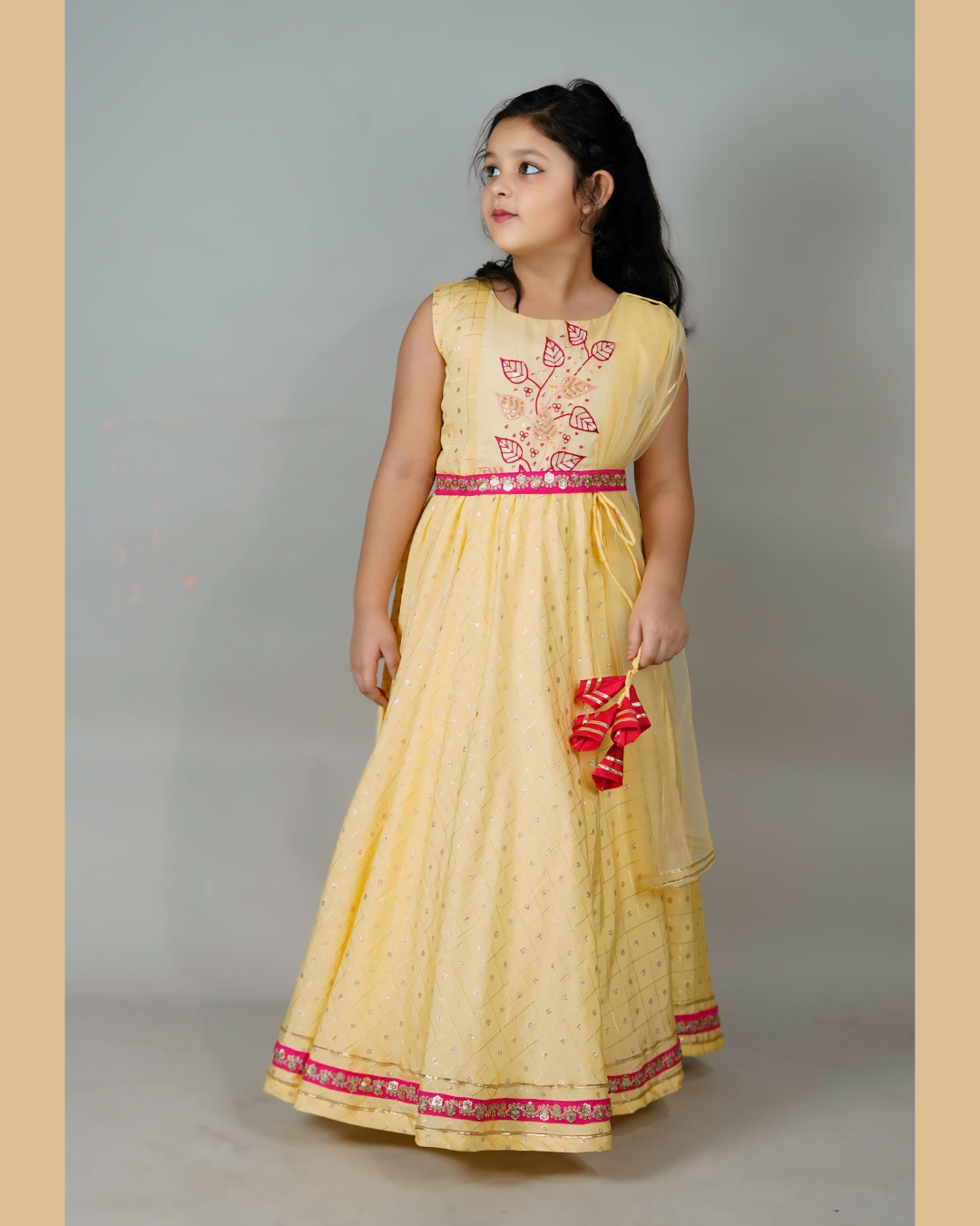 Girls Elegant Yellow Anarkali With Detachable Belt And Dupatta