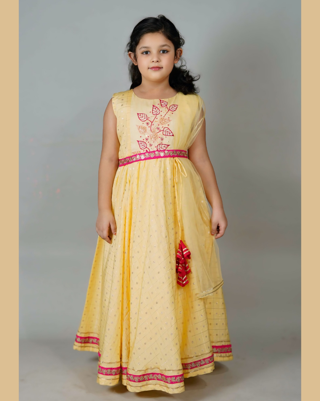 Girls Elegant Yellow Anarkali With Detachable Belt And Dupatta