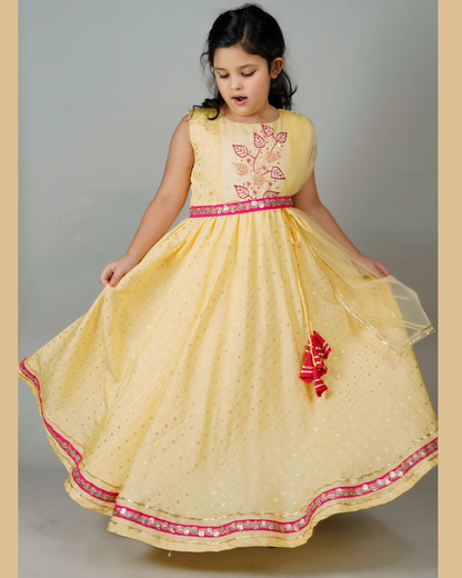 Girls Elegant Yellow Anarkali With Detachable Belt And Dupatta