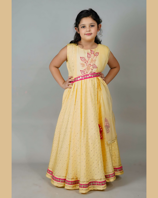 Girls Elegant Yellow Anarkali With Detachable Belt And Dupatta