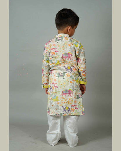 Boys Animal Print Katha Work Kurta With Pyjama