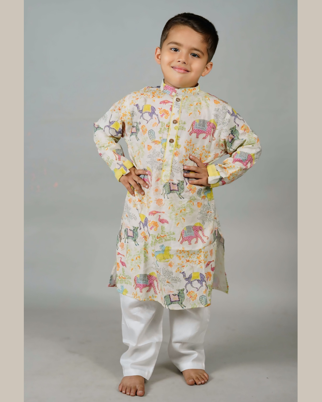 Boys Animal Print Katha Work Kurta With Pyjama