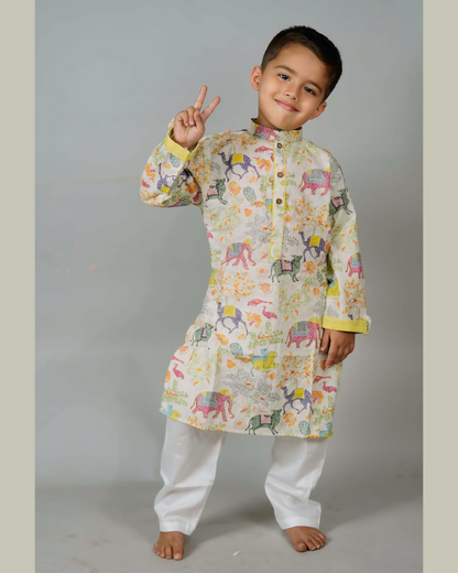 Boys Animal Print Katha Work Kurta With Pyjama