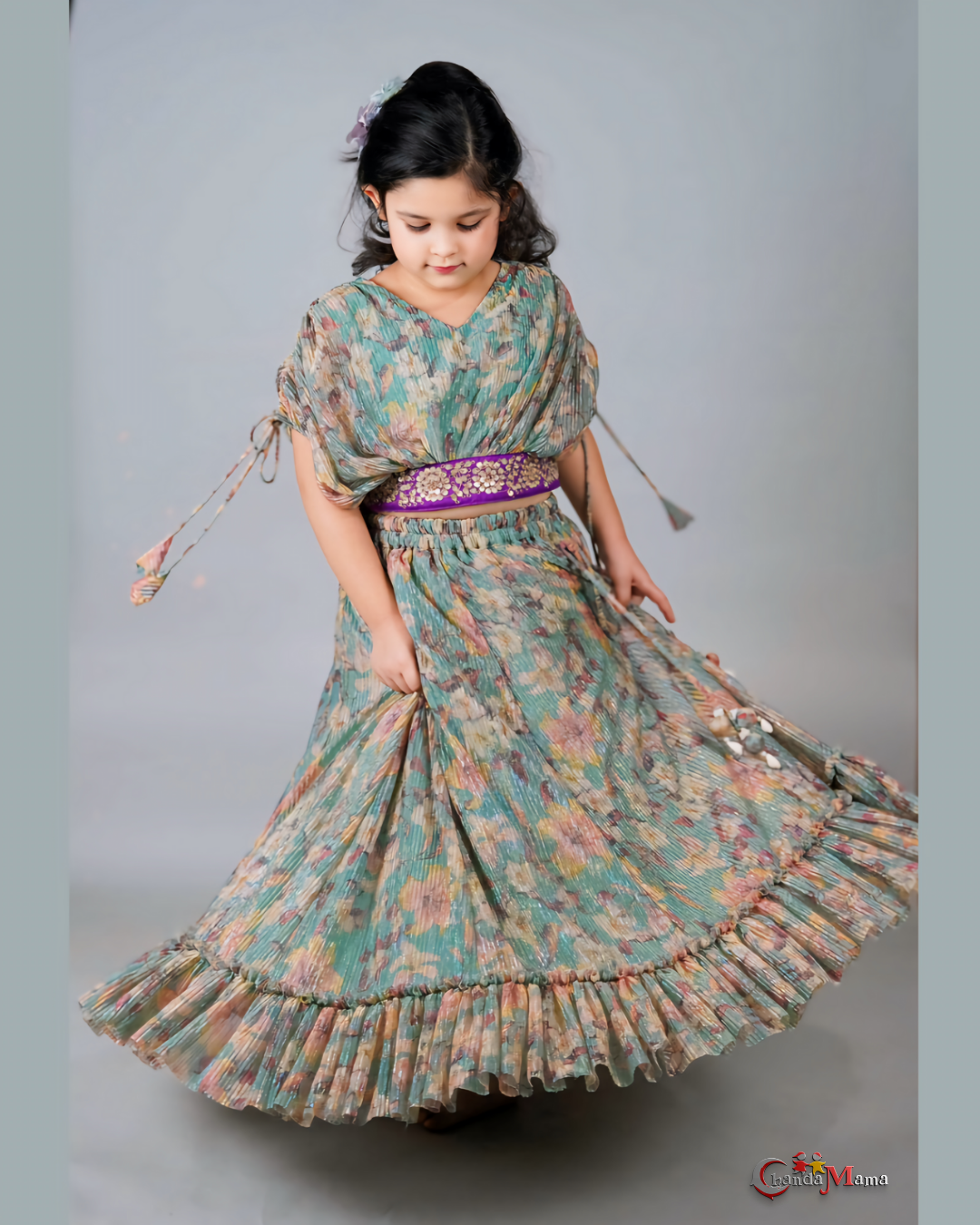 Girls Elegant Pleated Embroidered Top With Lehenga