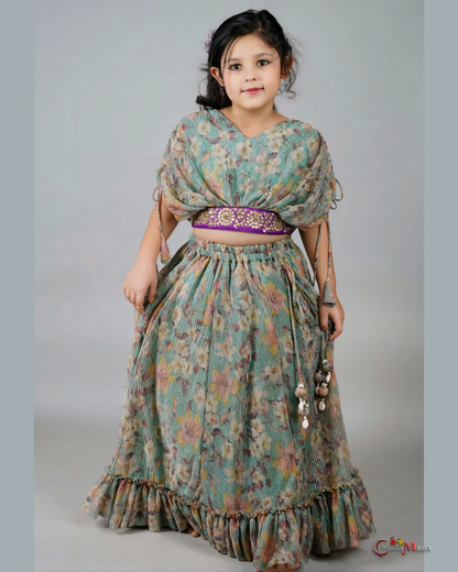 Girls Elegant Pleated Embroidered Top With Lehenga