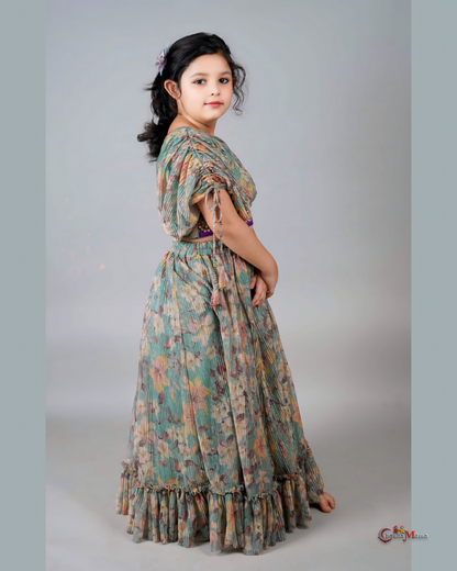 Girls Elegant Pleated Embroidered Top With Lehenga