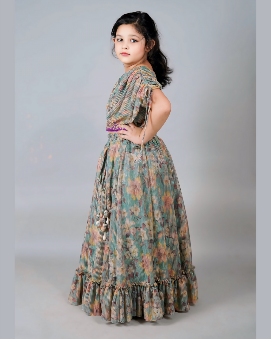 Girls Elegant Pleated Embroidered Top With Lehenga