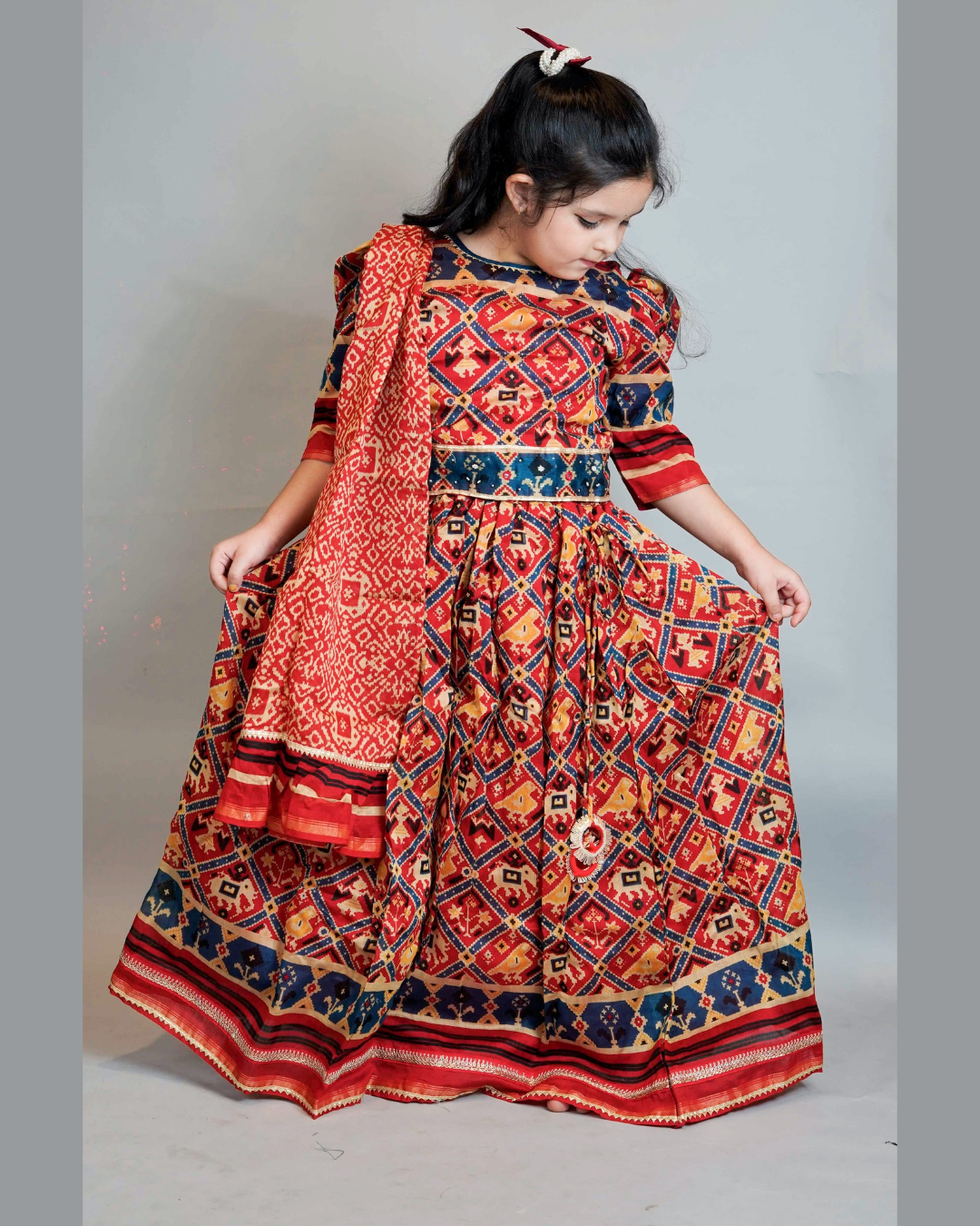 Girls Embroidered Patola Print Pure Chanderi Silk Lehenga