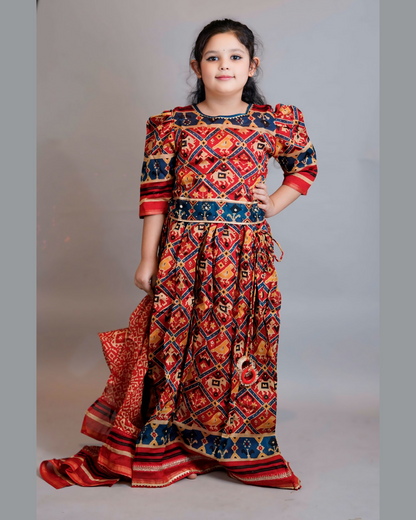 Girls Embroidered Patola Print Pure Chanderi Silk Lehenga