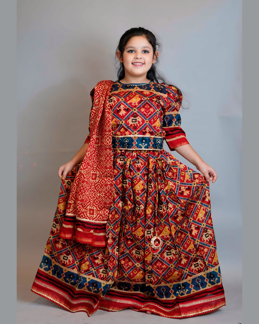 Girls Embroidered Patola Print Pure Chanderi Silk Lehenga