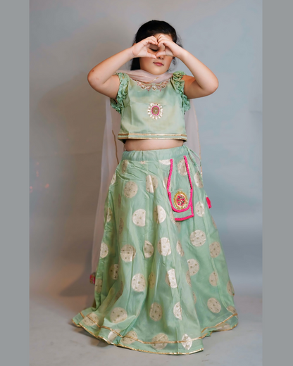 Girls Pastel Green Embroidered Chanderi Lehenga