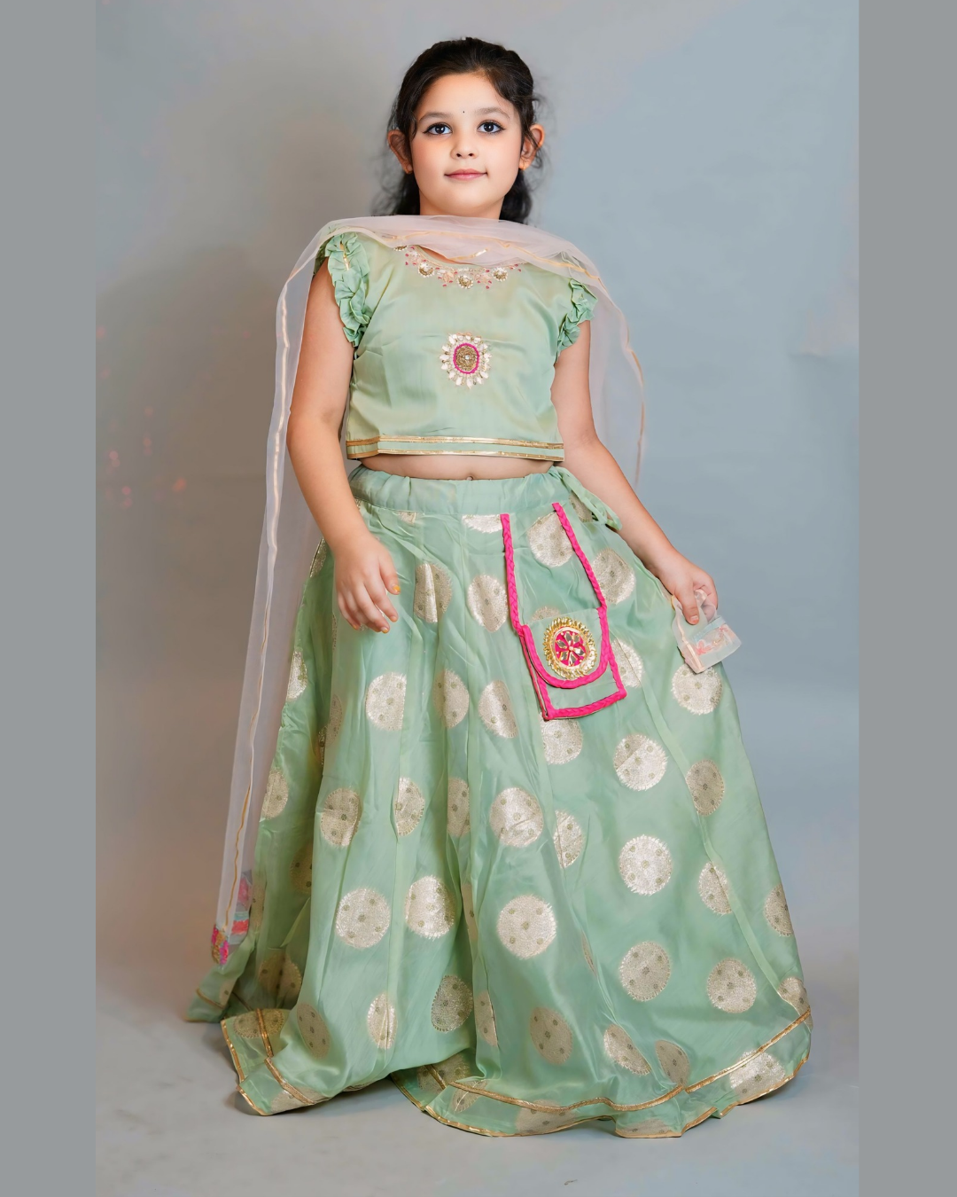 Girls Pastel Green Embroidered Chanderi Lehenga