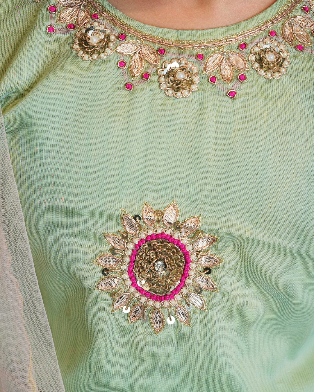 Girls Pastel Green Embroidered Chanderi Lehenga