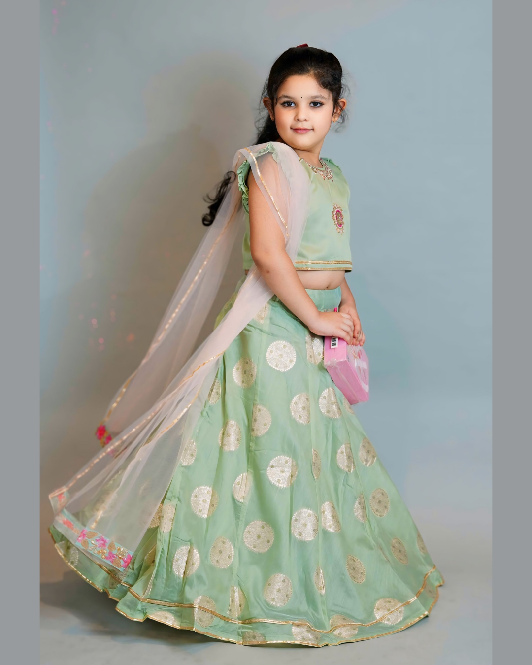 Girls Pastel Green Embroidered Chanderi Lehenga