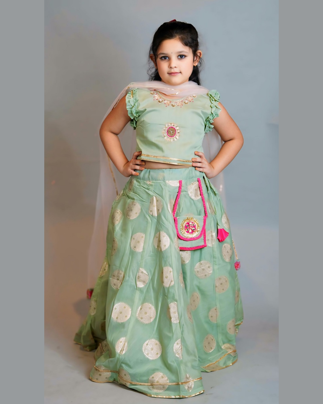 Girls Pastel Green Embroidered Chanderi Lehenga