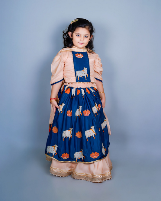 Girls Elegant Prussian Blue and Peach Pichwai Lehenga