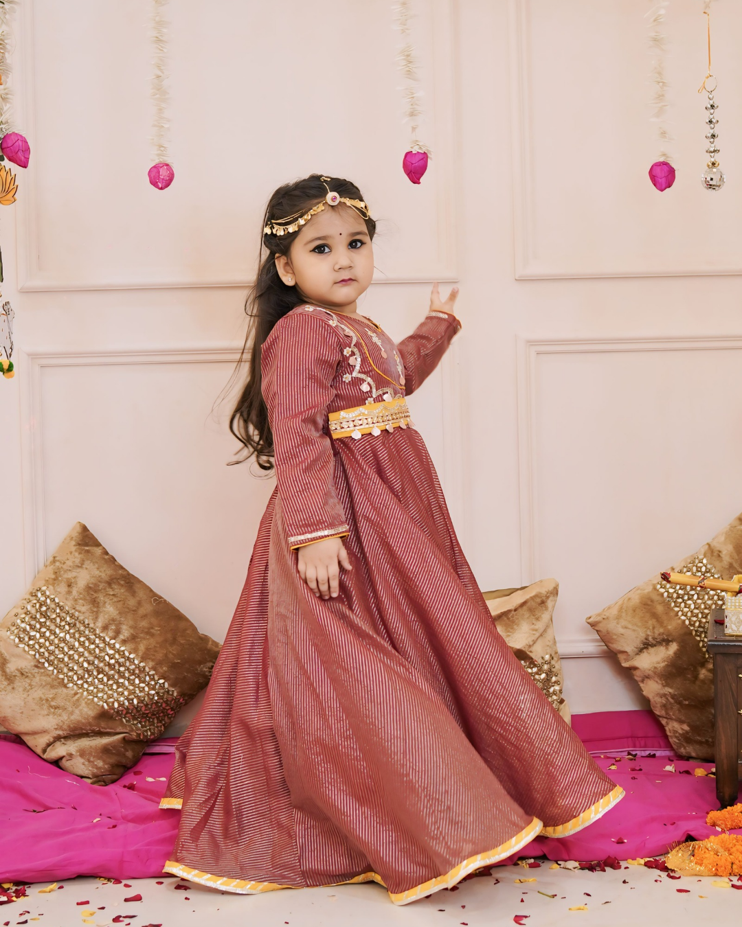 Girls Beautiful Maroon Handwork Detaling Anarkali With Detachable Belt