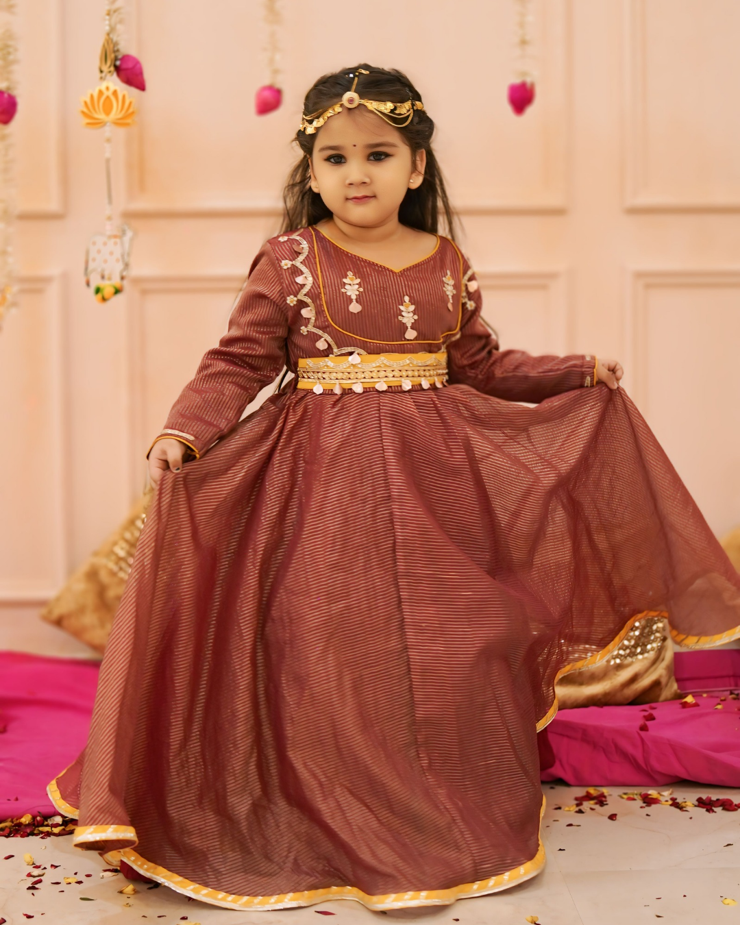 Girls Beautiful Maroon Handwork Detaling Anarkali With Detachable Belt