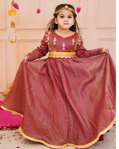 Girls Beautiful Maroon Handwork Detaling Anarkali With Detachable Belt