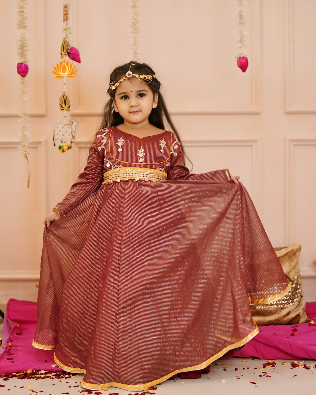 Girls Beautiful Maroon Handwork Detaling Anarkali With Detachable Belt