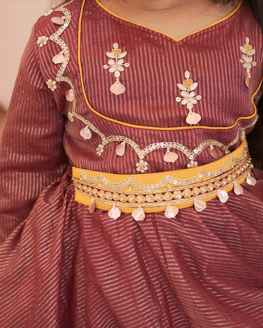 Girls Beautiful Maroon Handwork Detaling Anarkali With Detachable Belt