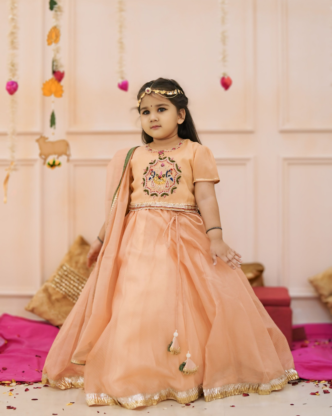 Girls Elegant Peach Hand Work Detaling Lehenga Set