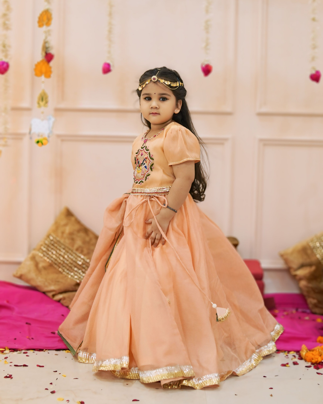 Girls Elegant Peach Hand Work Detaling Lehenga Set