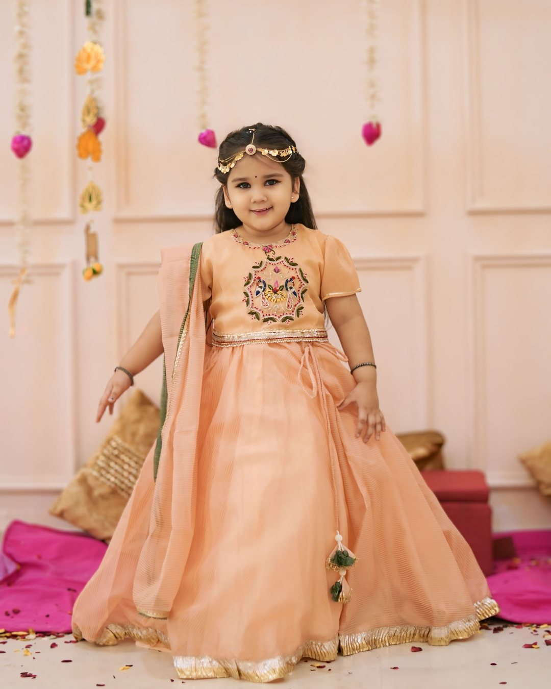 Girls Elegant Peach Hand Work Detaling Lehenga Set