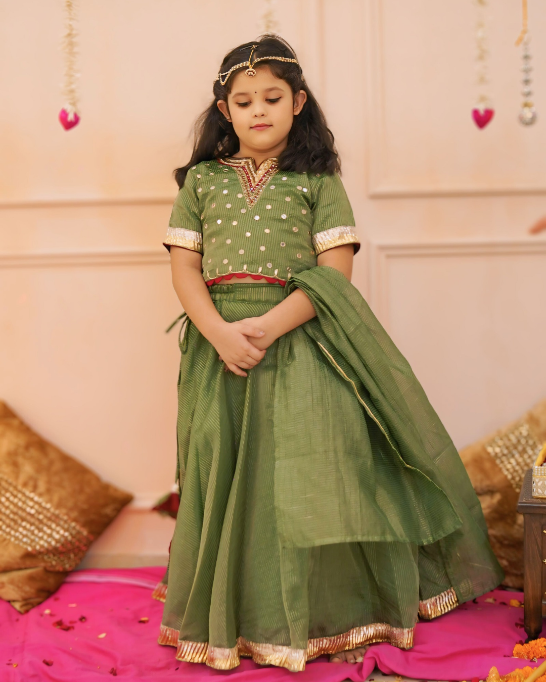 Girls Elegant Green Hand Work Detaling lehenga set