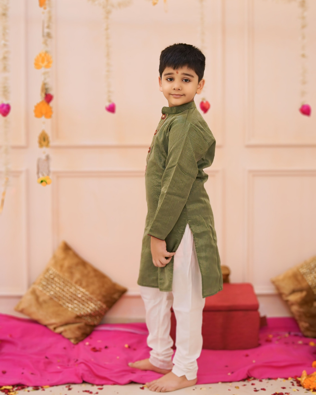 Boys Green Zari Embroidered Kurta Set