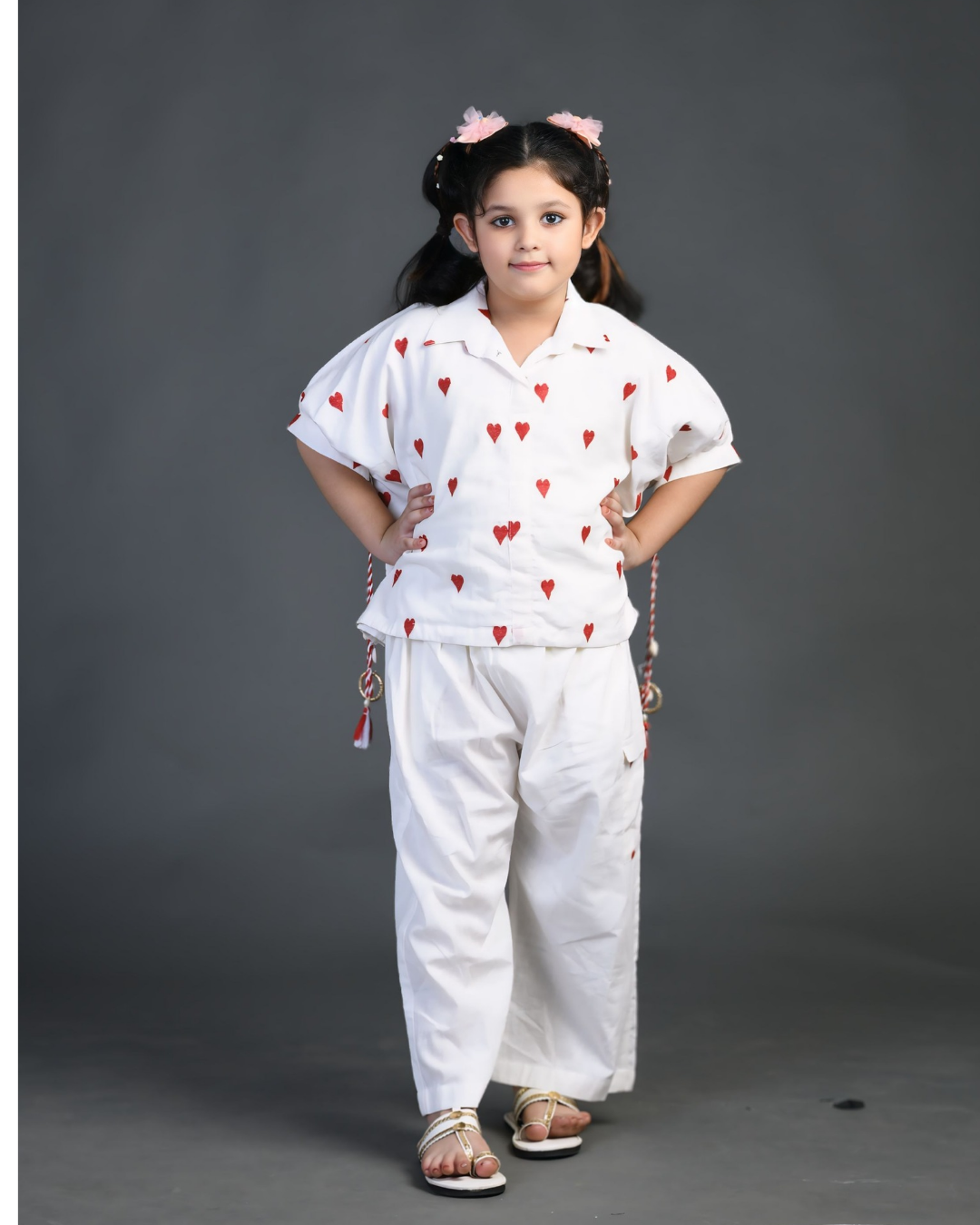 Chanda Mama Girls White heart embroidery  Co ord sets