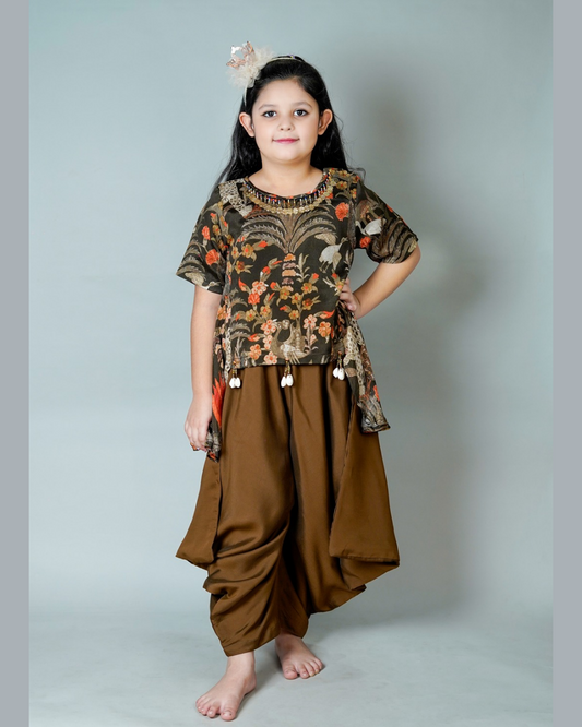 Coffee brown kids ethnic wear with pure chinon top and cotton silk bottom, dry clean only – Chanda Mama Kitz
