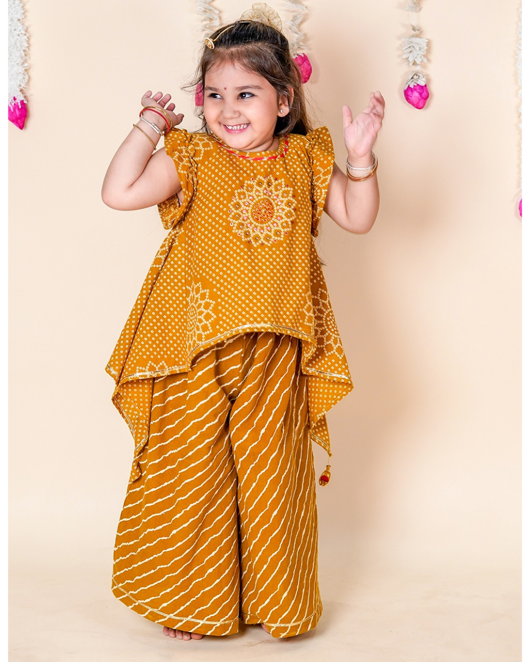 Mustard Bandhani Asymmetric Top & Palazzo