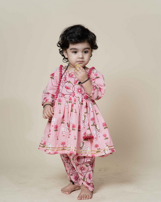 Divine Lotus & Cow Printed Girls Ethnic Set