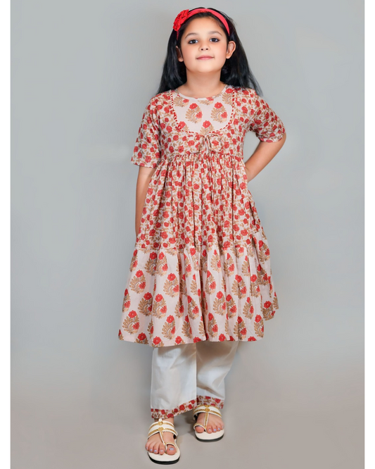 Girls floral cotton Anarkali suit with white pants – Chanda Mama Kids 