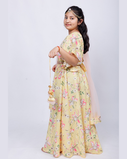 Chanda Mama Gils Yellow Floral Lehenga Set