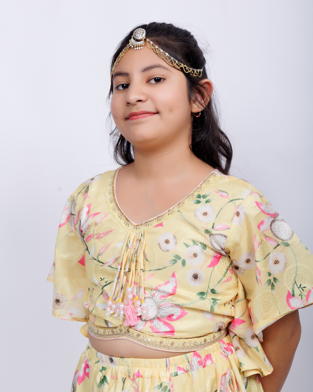 Ethnic Floral Yellow Ghaghra Set for Kids