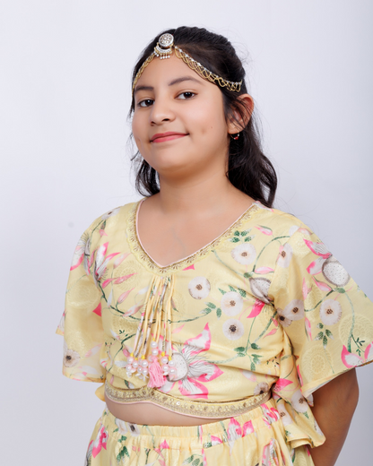 Ethnic Floral Yellow Ghaghra Set for Kids