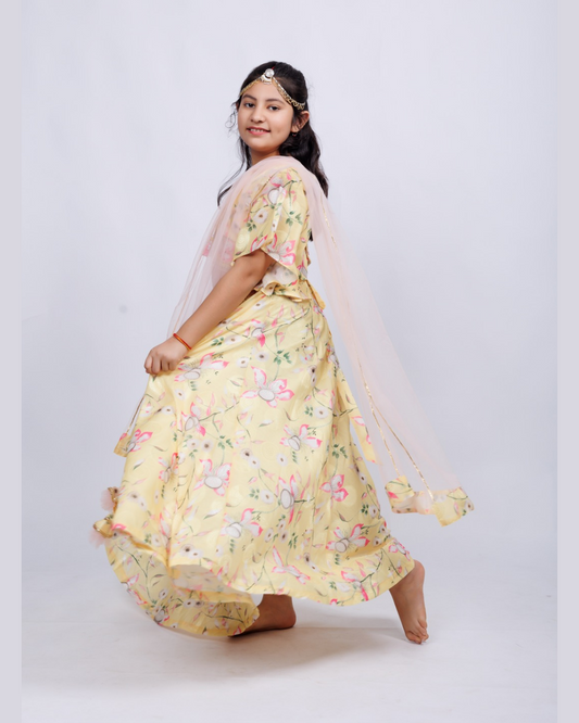 Chanda Mama Gils Yellow Floral Lehenga Set