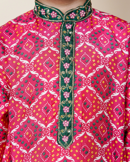 Boys Bandhani Print Muslin Silk Kurta Set