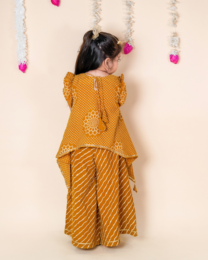 Mustard Bandhani Asymmetric Top & Palazzo