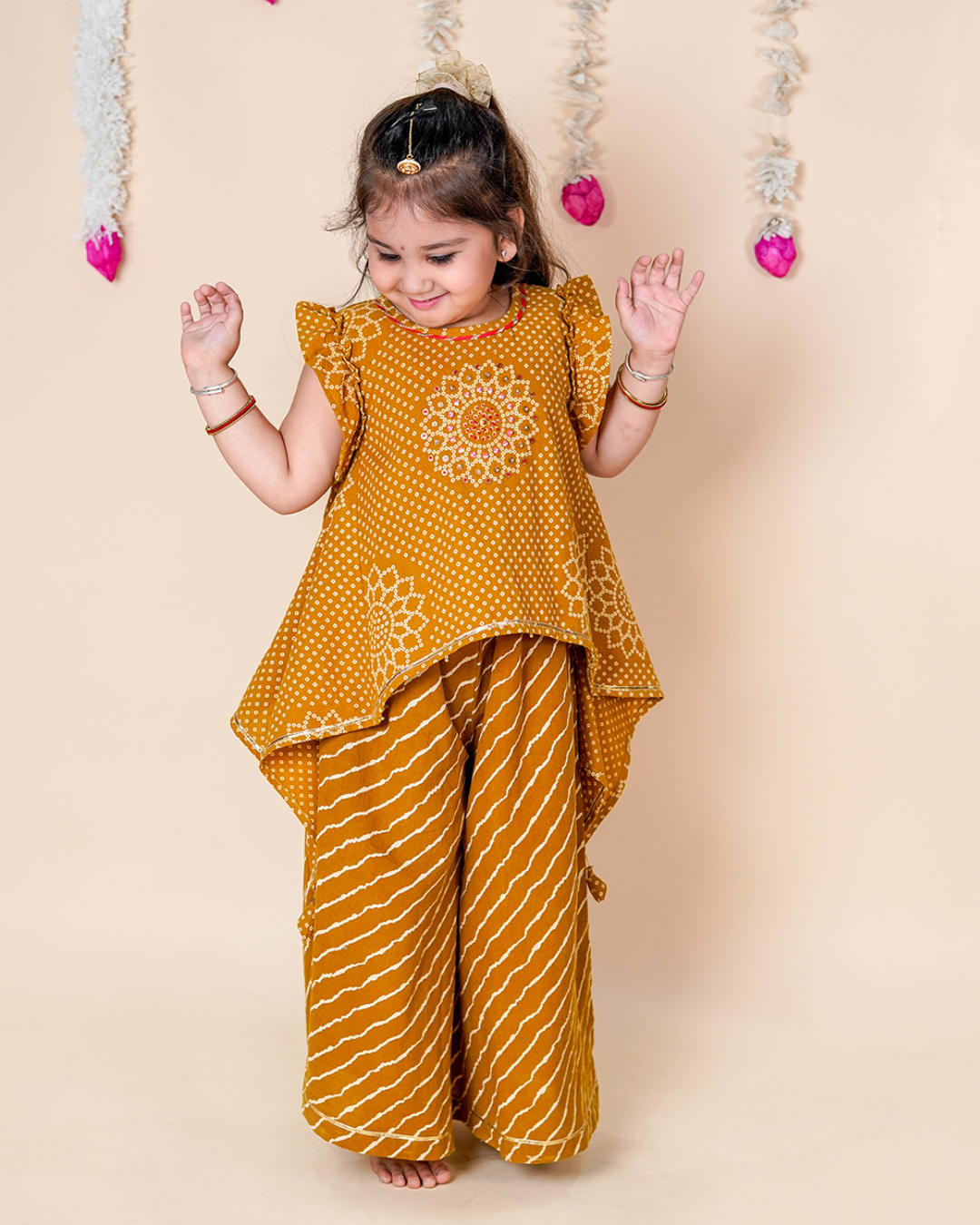 Mustard Bandhani Asymmetric Top & Palazzo